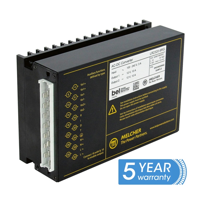 Product image of 300 Watt LR2320 AC DC converter from Melcher, now with a 5 year warranty