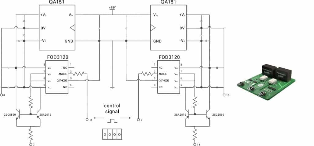 Solar Power Inverter - Circuit diagram of the ON Semiconductor driver demo board, with Mornsun’s QA151 power module @ Relec Electronics Ltd