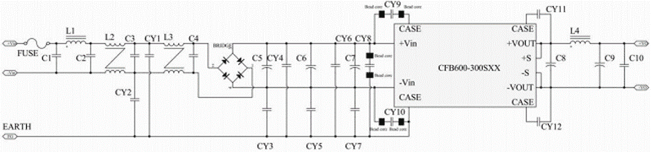 EMC compliant circuit for an AC input without PFC correction using the CFB600-300S | High Power DC DC @ Relec Electronics Ltd 2020