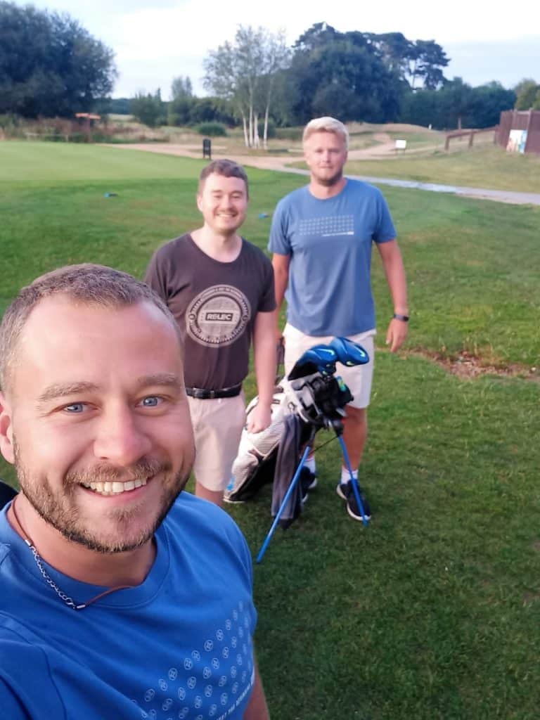 The 2 Ball Joes team : (left) Nick Rehm, (middle) Relec's Mat Rehm, & (right) Harry Lund | Longest Day Golf Challenge @ Macmillan Cancer Support Charity - Relec Electronics News 2020
