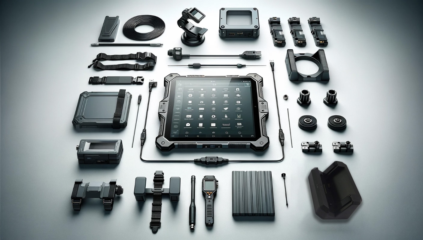Rugged tablet accessories laid out